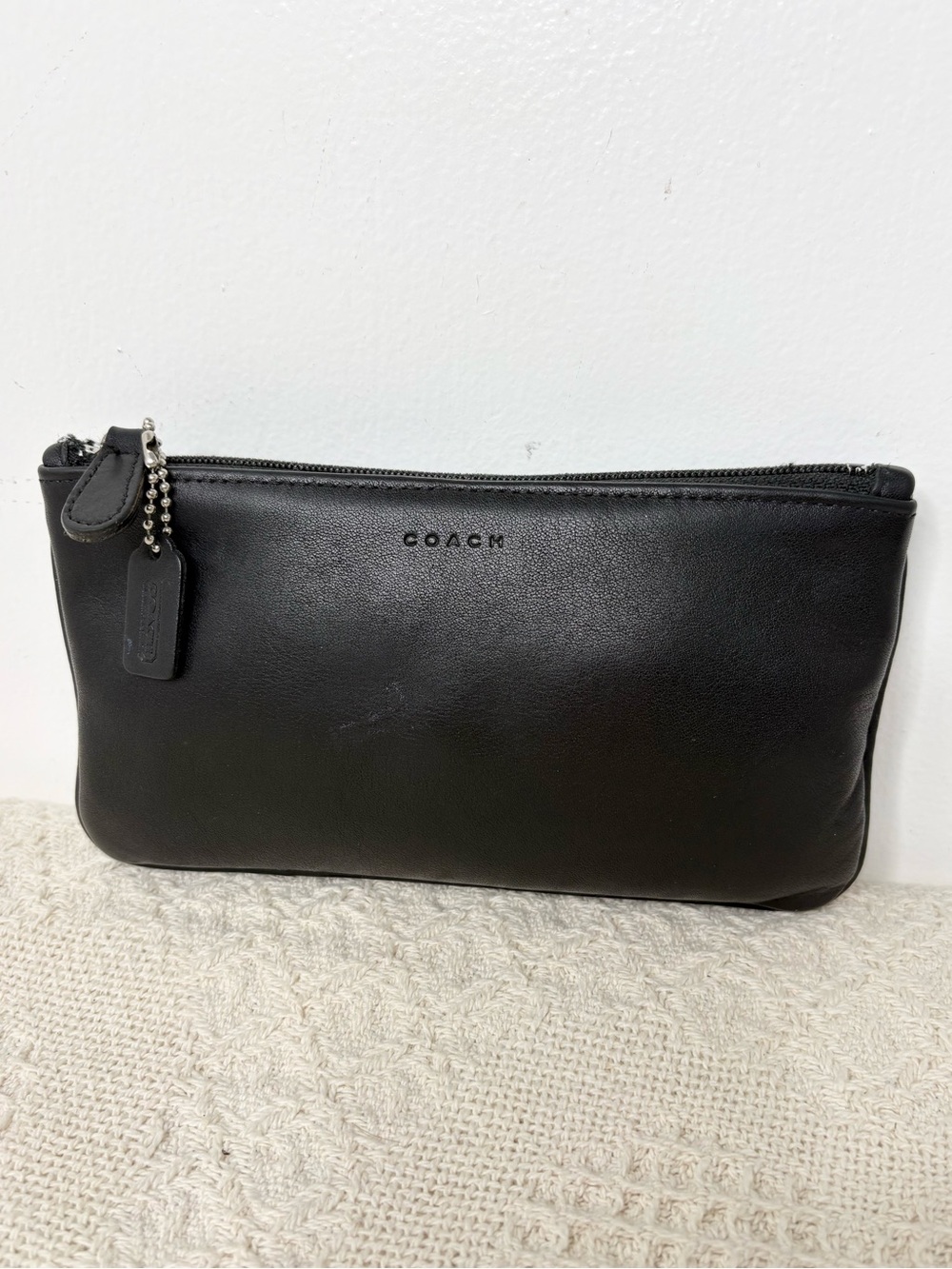 Y2K Vintage Coach Small Flat Cosmetic Case 6990 Black Leather Skinny Zip Pouch
